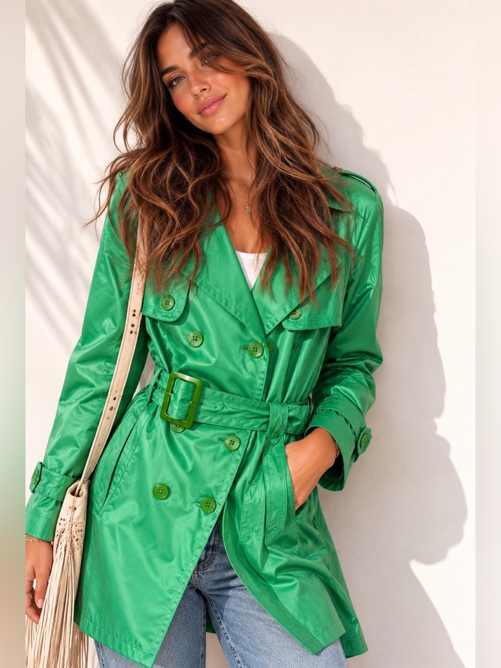 Jessica Simpson Y2K  Double Breasted Trench Coat | Shiny Green | Small